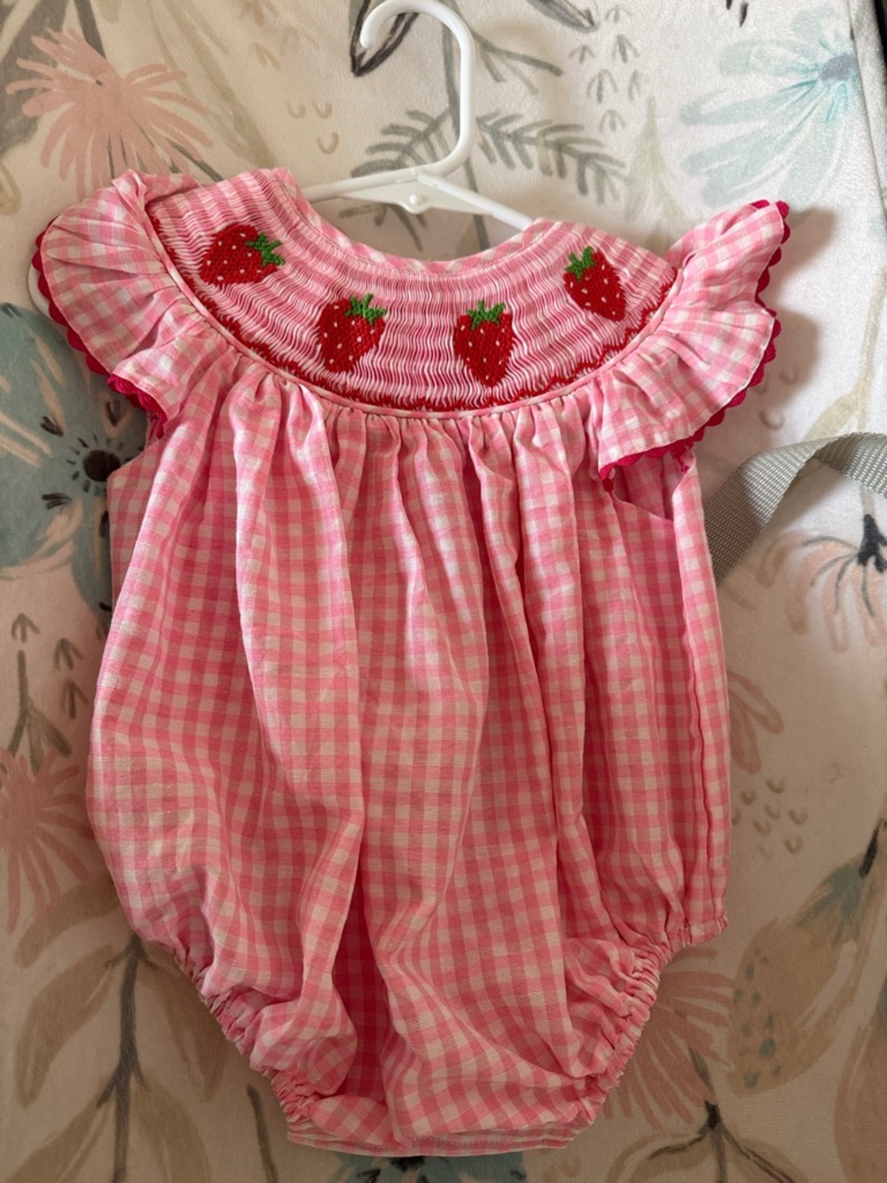 Pink Gingham Baby Romper with Strawberry Smocking